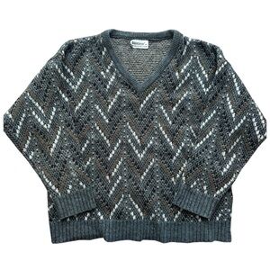 Vintage Made in Canada Wool Blend V-Neck Knit Sweater Grey Patterned Grandpa